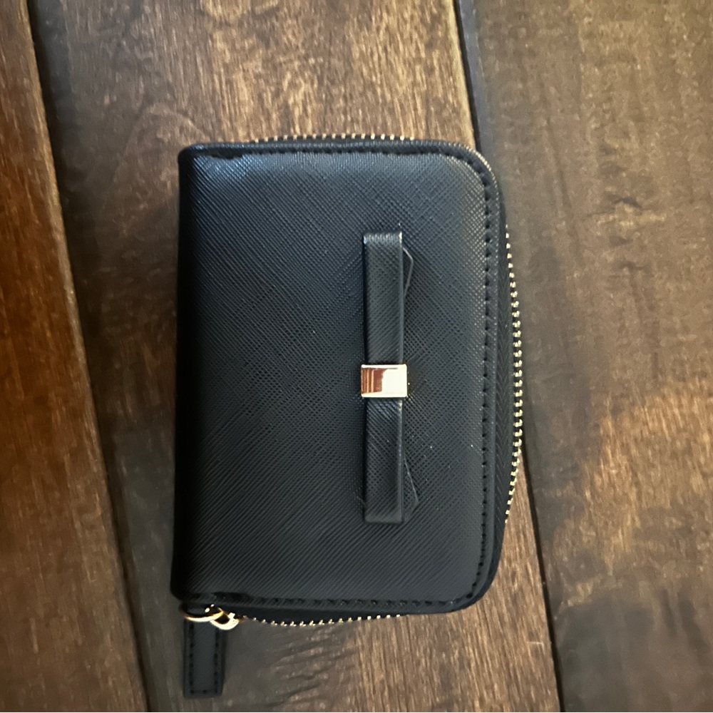 Black Zip-Around Wallet with Bow Accent